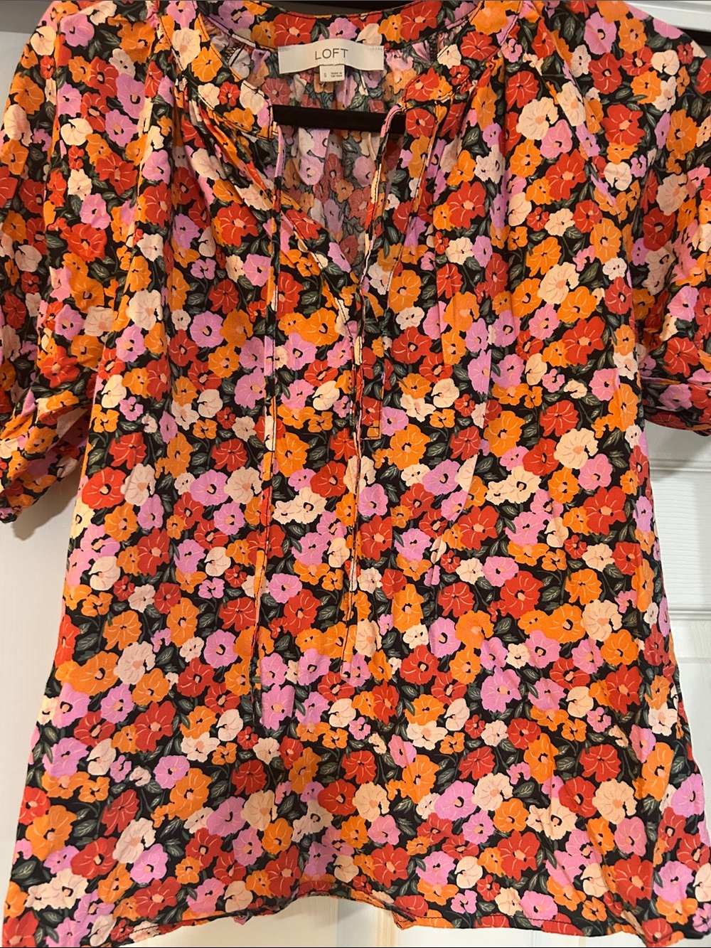 LOFT Floral Tie-Front Blouse in Pink, Orange & Black